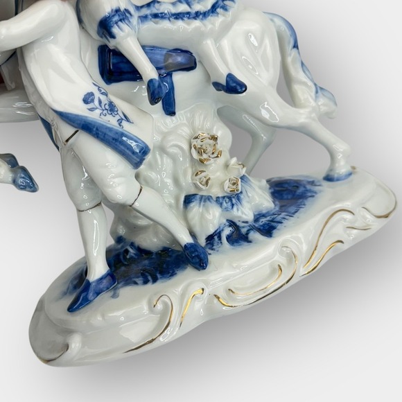 Vintage Porcelain Horse Rider & Handler Figurine Blue White Gold Trim 9 Inch - Picture 11 of 16